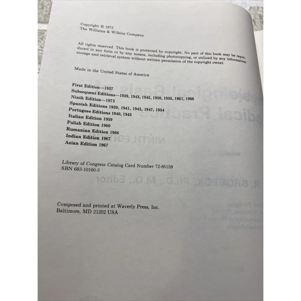 Best & Taylor’s Physiological Basis Of Medical Practice 9th Ed 1973 John Brobeck
